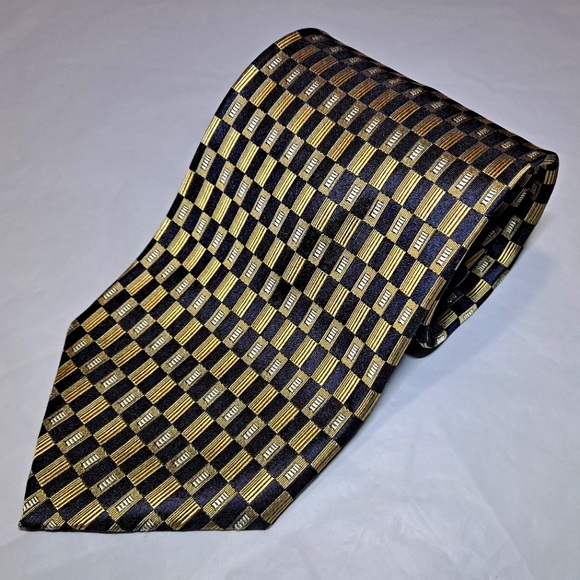 Foggia 💯 Silk Woven Men's Necktie 57-60" x 4" Gold/Black Handmade Micro Squares - Picture 5 of 9